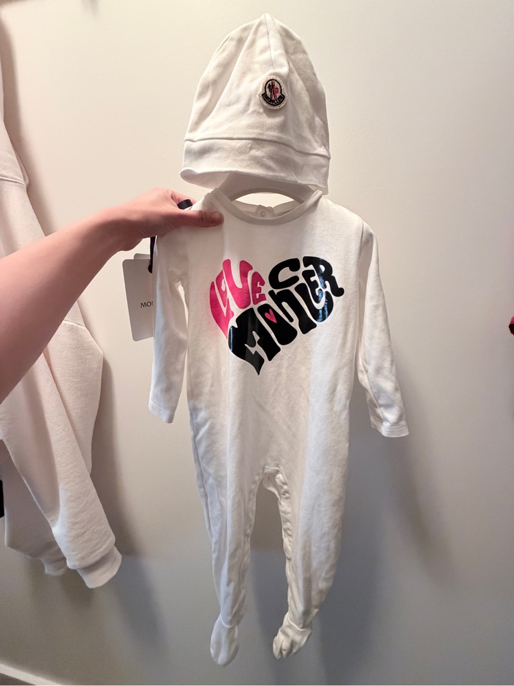 Moncler White Baby Romper + Hat
